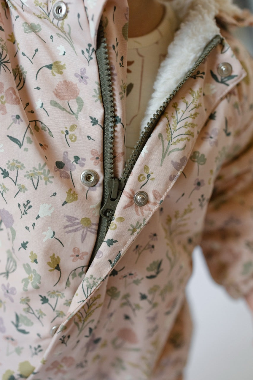 Sherpa Lined Storm Jacket with Ruffles - Wildflower- On Baby- Close Up Zipper- Sherpa