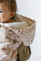 Sherpa Lined Storm Jacket with Ruffles - Wildflower- On Baby- Close Up Hood with Sherpa