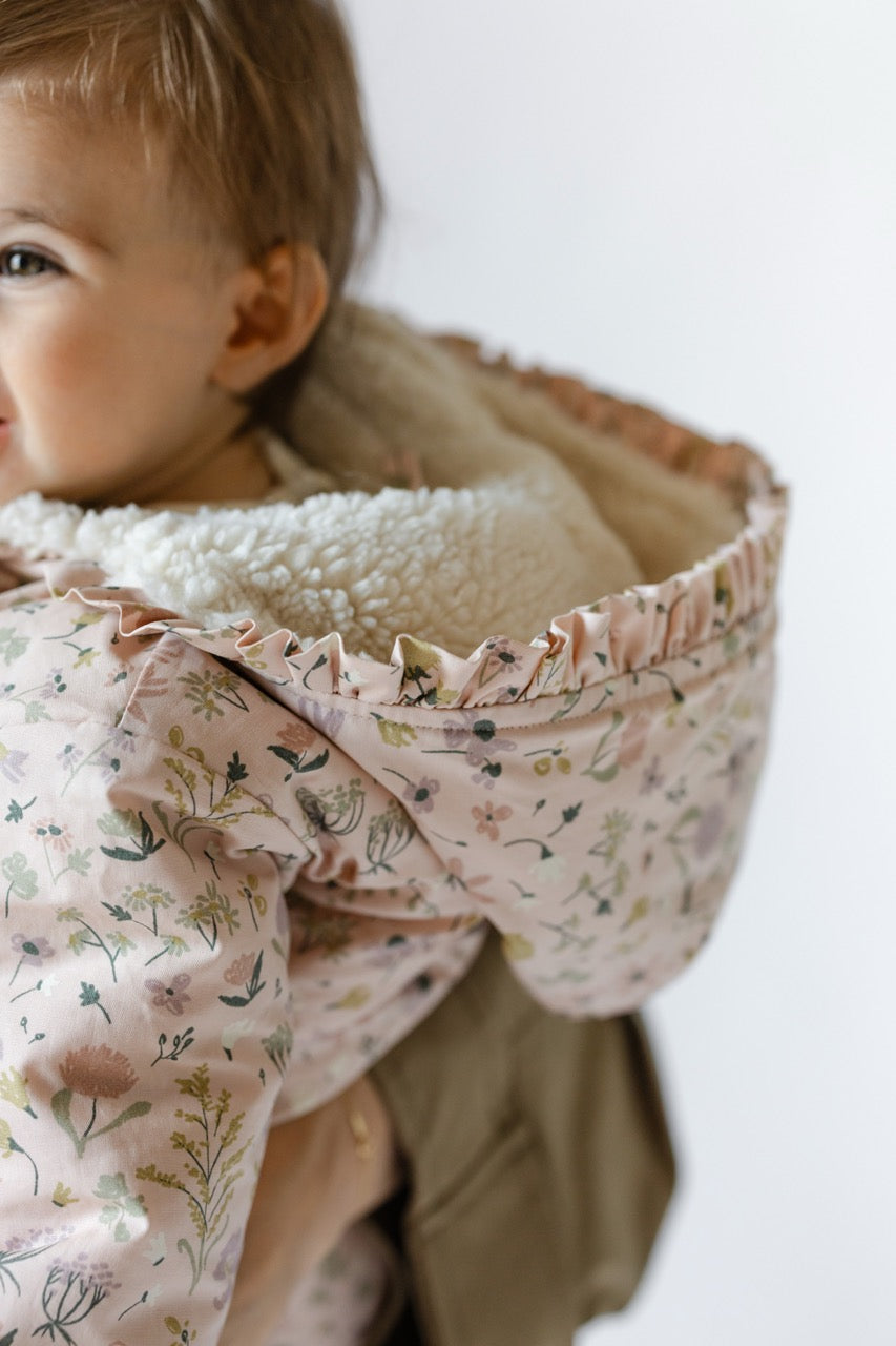 Sherpa Lined Storm Jacket with Ruffles - Wildflower- On Baby- Close Up Hood with Sherpa