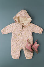Sherpa Lined Storm Jacket with Ruffles - Wildflower- Flat Lay - Hood Ruffles and Sherpa- Pink Floral Print- Pathfinder Boot