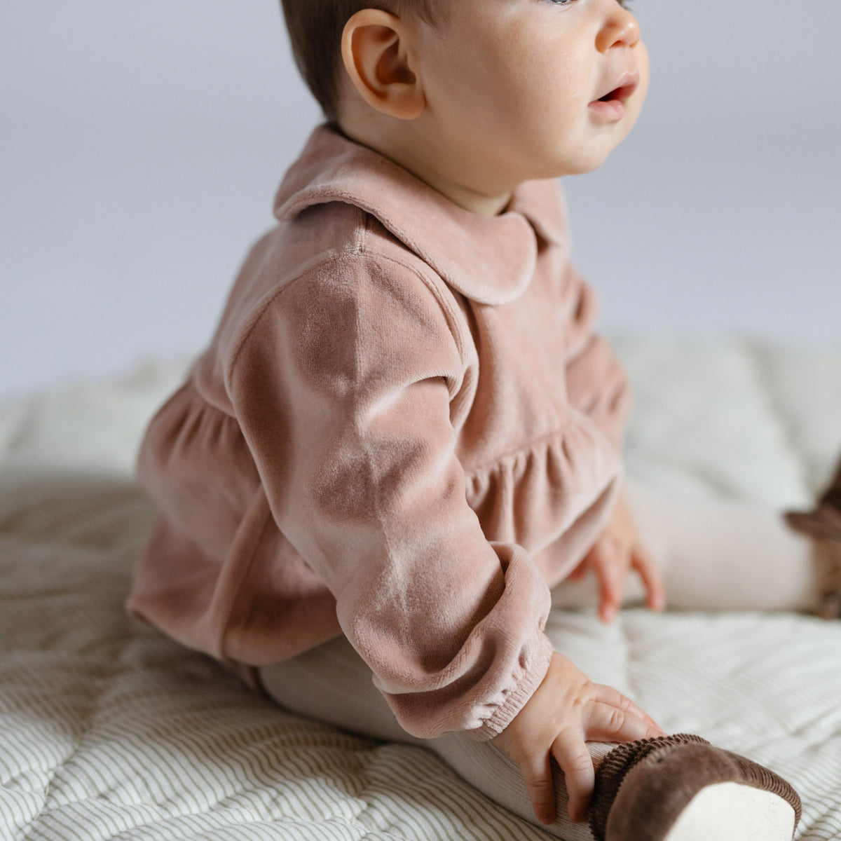 Velour Long Sleeve One-Piece with Peter Pan Collar - Rose Pink- Baby- Soft