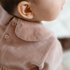 Velour Long Sleeve One-Piece with Peter Pan Collar - Rose Pink- Back of Baby- Up Close Buttons
