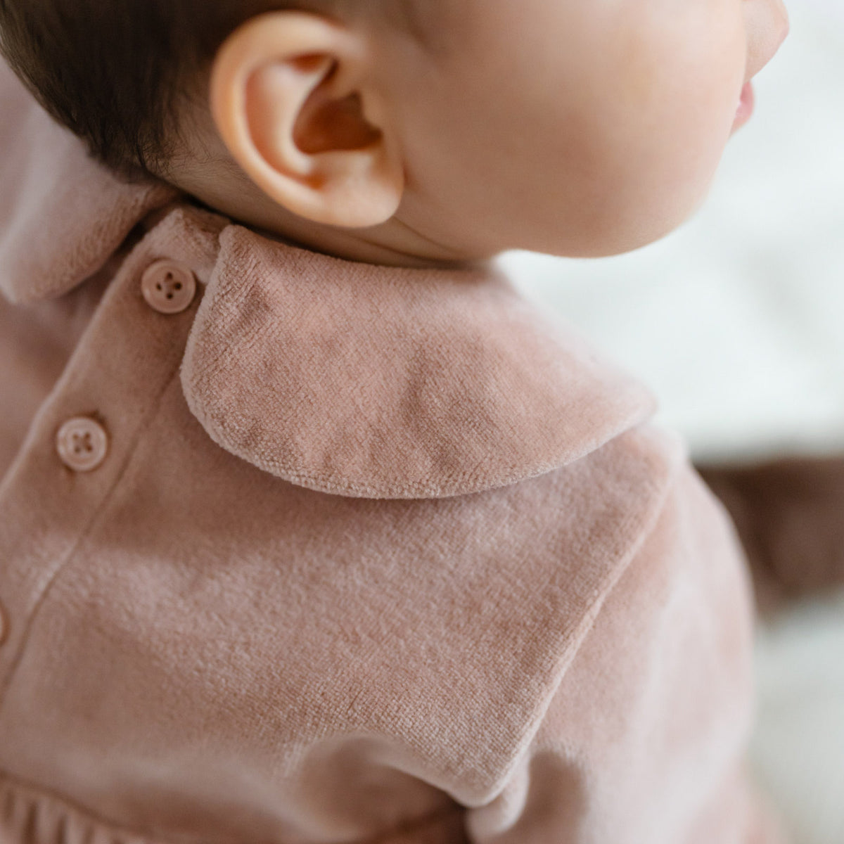 Velour Long Sleeve One-Piece with Peter Pan Collar - Rose Pink- Back of Baby- Up Close Buttons