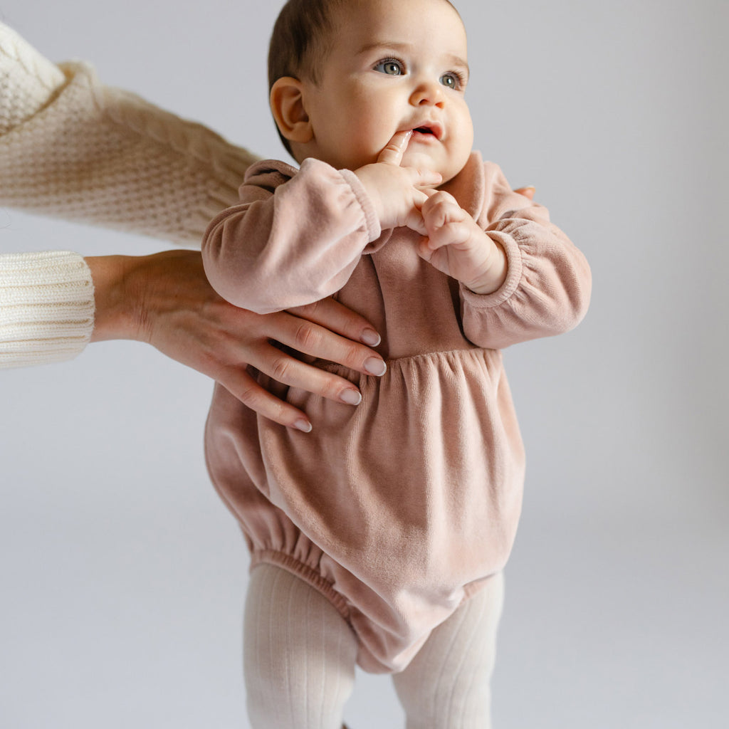 Velour Long Sleeve One-Piece with Peter Pan Collar - Rose Pink- On Baby