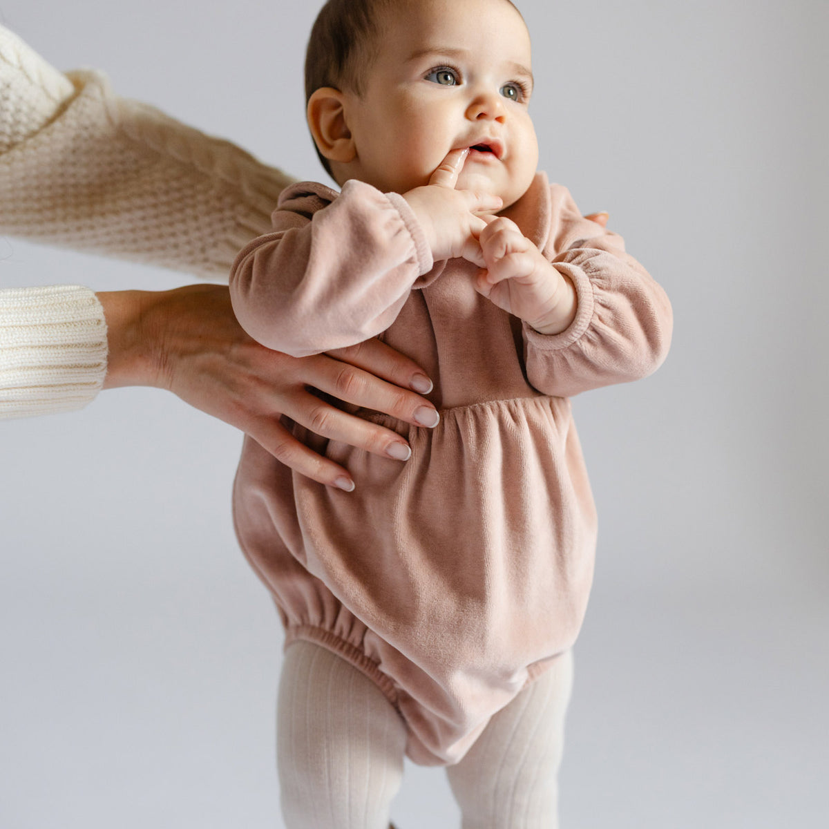 Velour Long Sleeve One-Piece with Peter Pan Collar - Rose Pink- On Baby