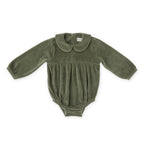 Velour Long Sleeve One-Piece with Peter Pan Collar - Pine- Front