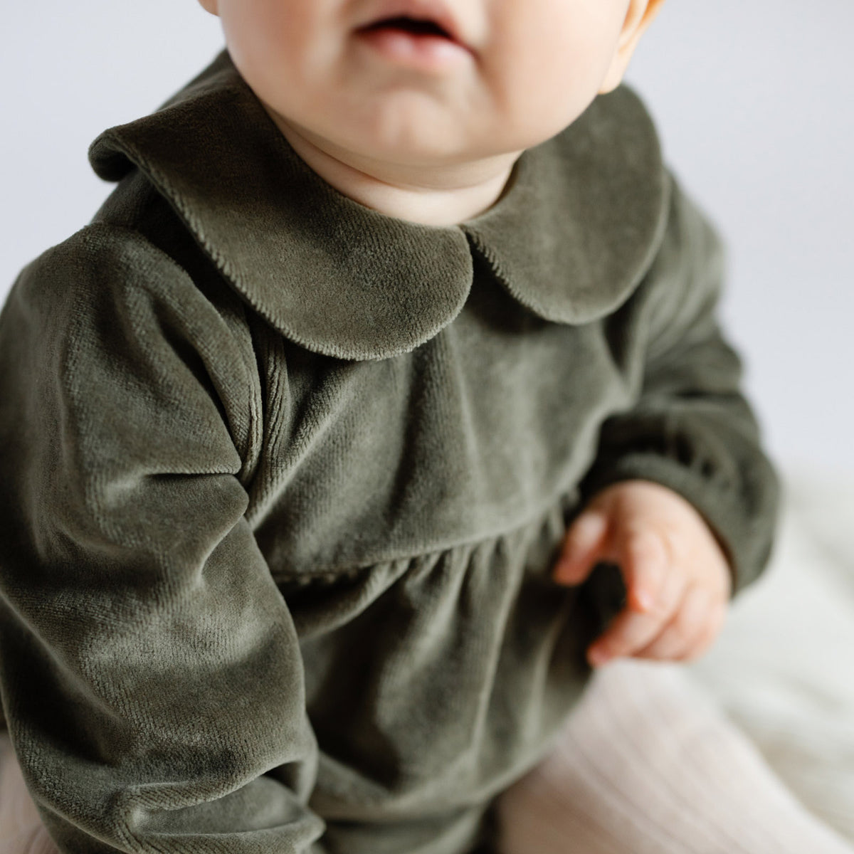 Velour Long Sleeve One-Piece with Peter Pan Collar - Pine- Up Close Baby Collar