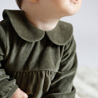 Velour Long Sleeve One-Piece with Peter Pan Collar - Pine- Up Close Baby- Soft