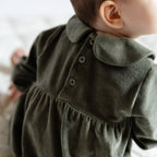 Velour Long Sleeve One-Piece with Peter Pan Collar - Pine- Back of Baby- Buttons