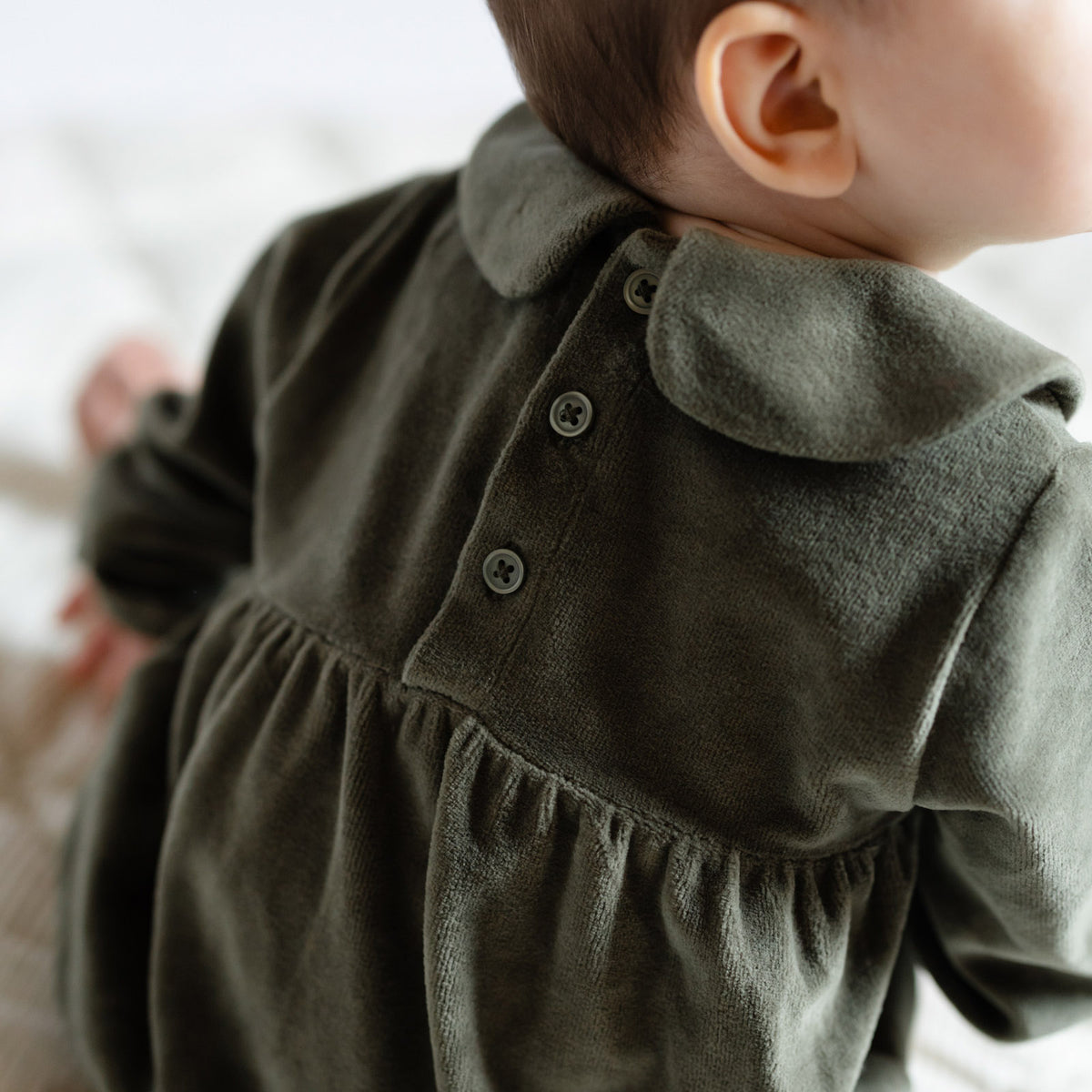 Velour Long Sleeve One-Piece with Peter Pan Collar - Pine- Back of Baby- Buttons