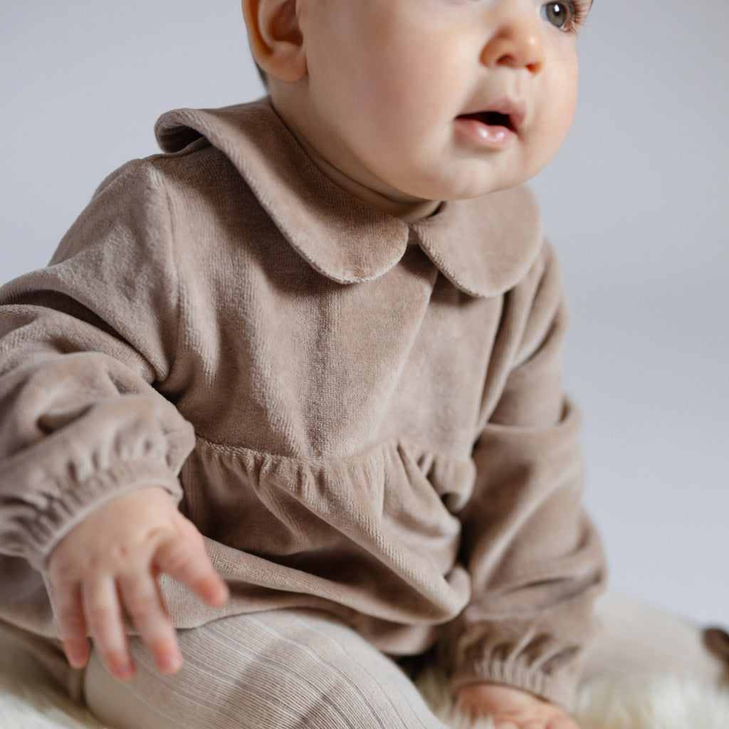 Velour Long Sleeve One-Piece with Peter Pan Collar - Rabbit- Up Close- Soft