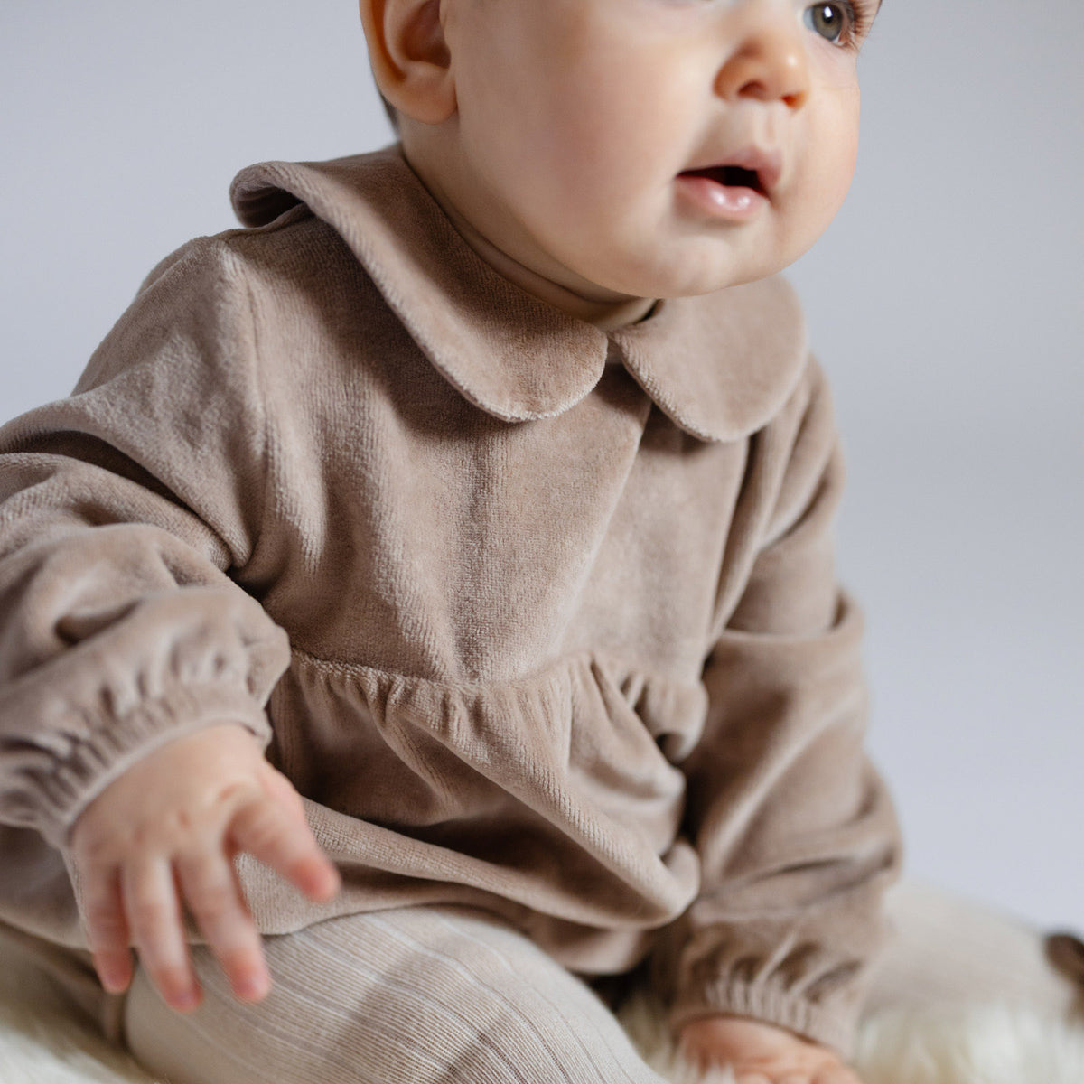 Velour Long Sleeve One-Piece with Peter Pan Collar - Rabbit- Up Close- Soft