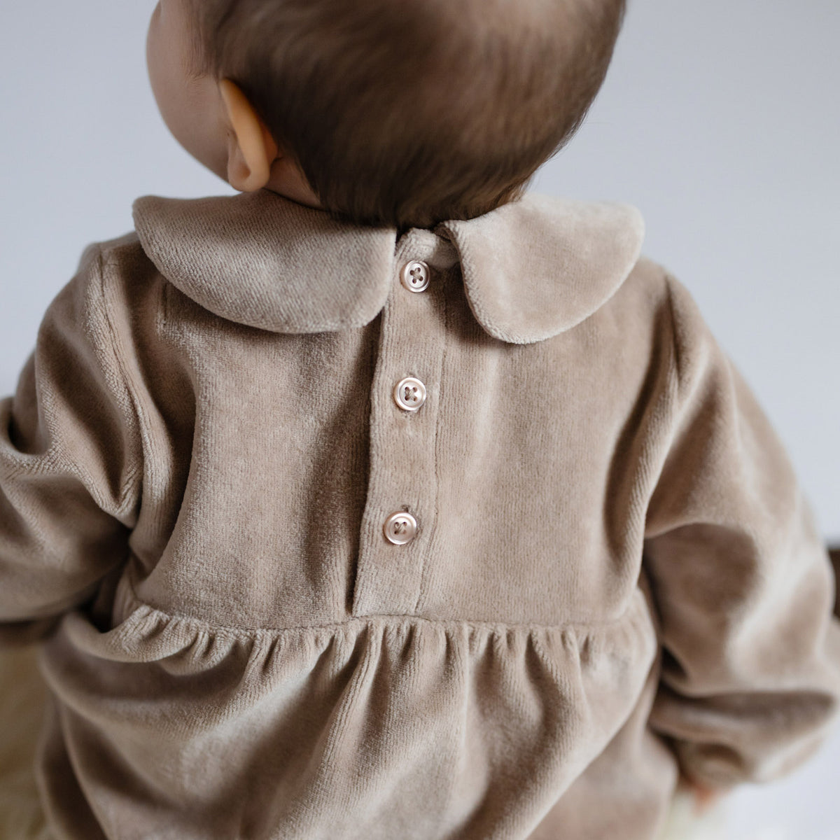 Velour Long Sleeve One-Piece with Peter Pan Collar - Rabbit- Back of Baby- Buttons
