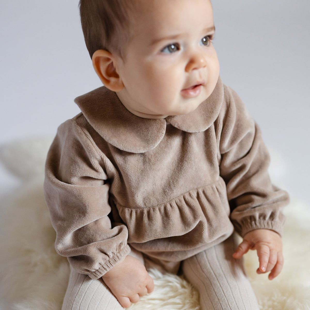 Velour Long Sleeve One-Piece with Peter Pan Collar - Rabbit- Holiday - Soft- On Baby