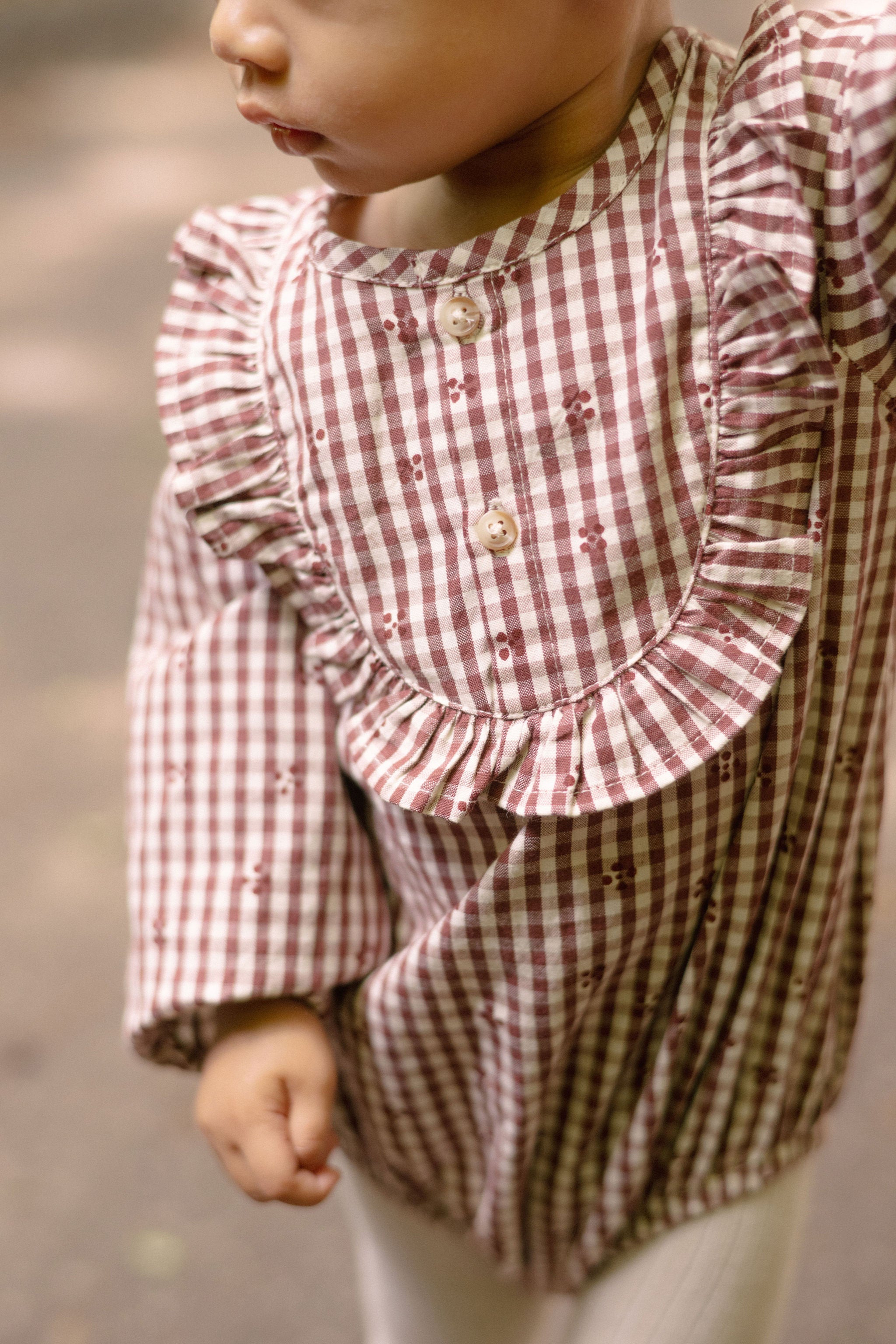 Printed Gingham Long Sleeve Ruffle One-Piece - Mulberry Clover- On Model- Front