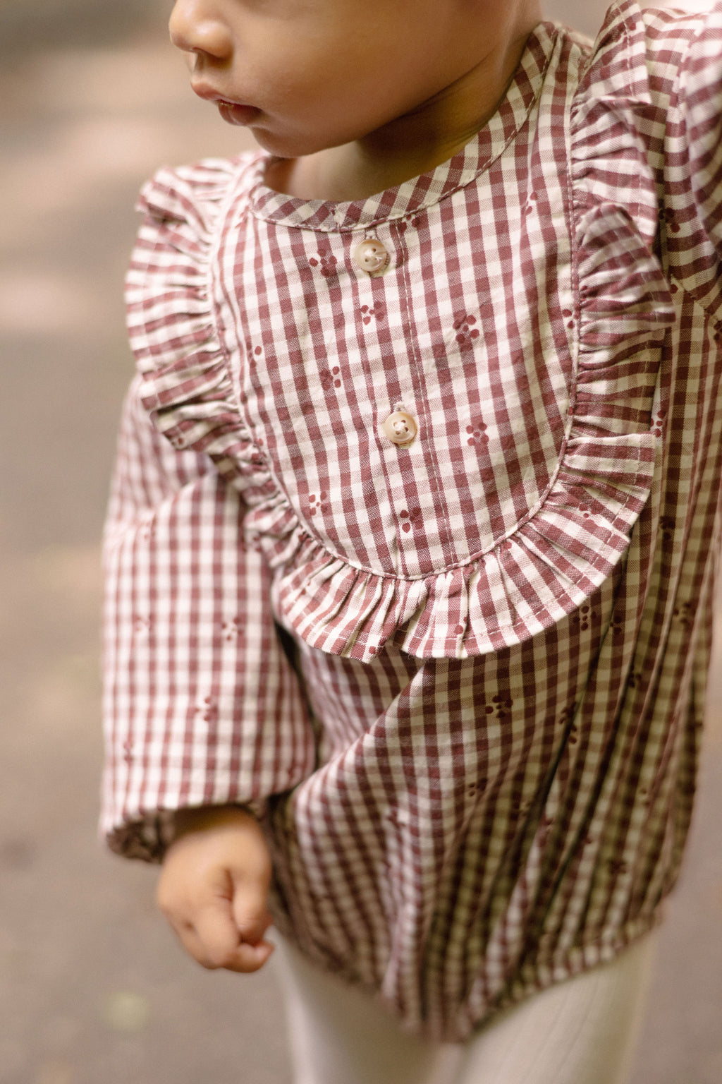 Printed Gingham Long Sleeve Ruffle One-Piece - Mulberry Clover- On Model- Front