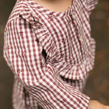 Printed Gingham Long Sleeve Ruffle One-Piece - Mulberry Clover- On Model- Close Up- Side