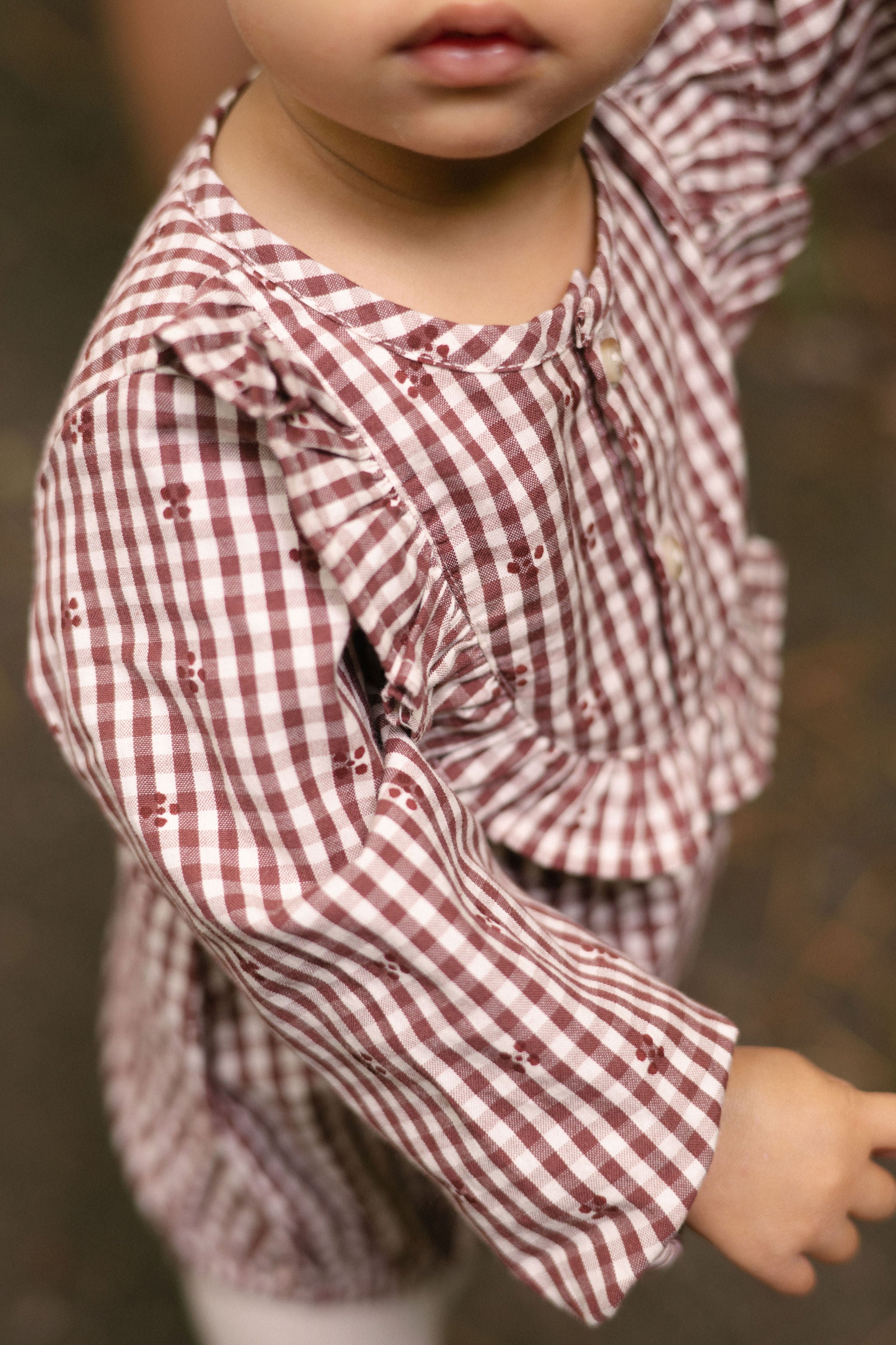Printed Gingham Long Sleeve Ruffle One-Piece - Mulberry Clover- On Model- Close Up- Side