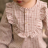 Printed Gingham Long Sleeve Ruffle One-Piece - Thistle Clover- Front- Up Close