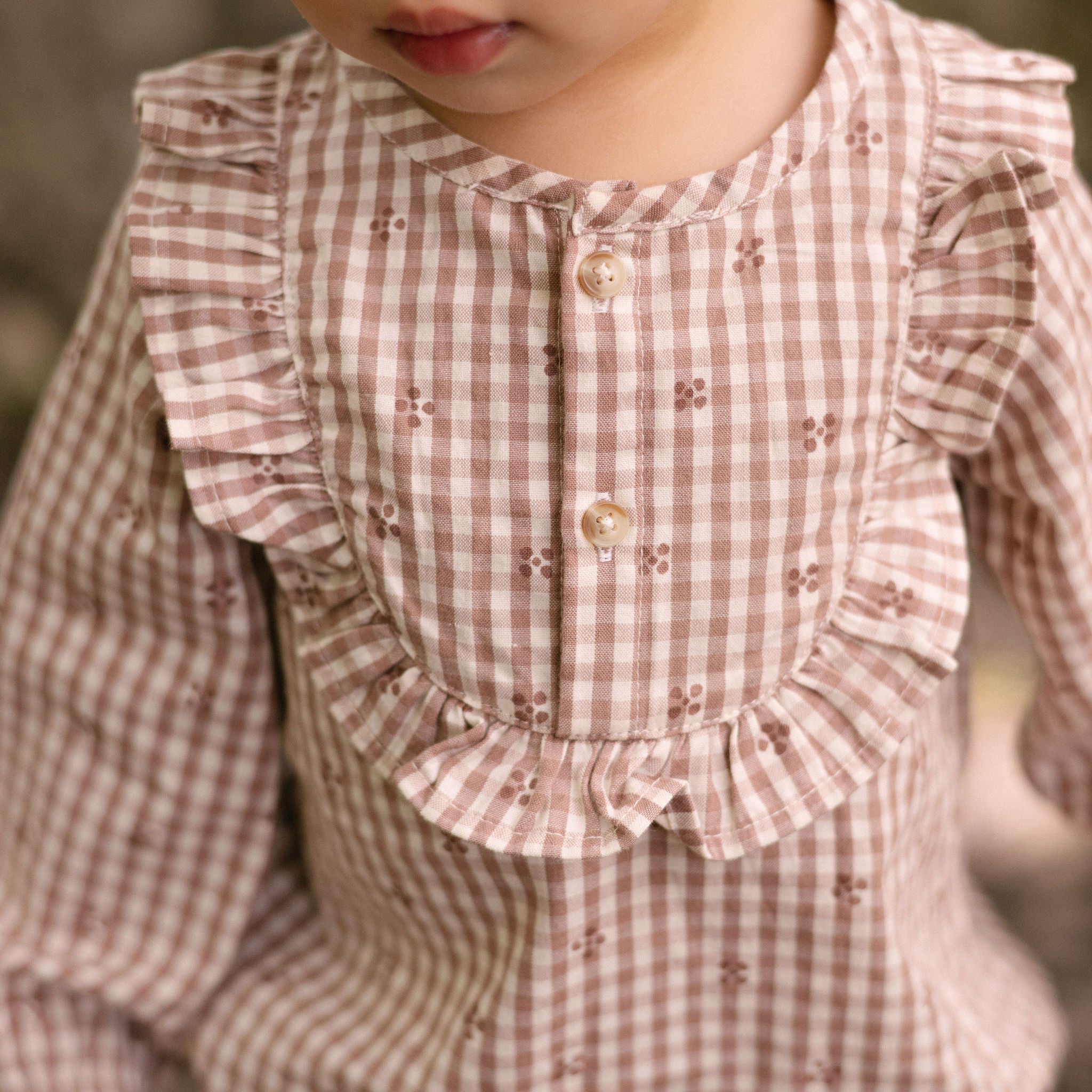 Printed Gingham Long Sleeve Ruffle One-Piece - Thistle Clover- Front- Up Close