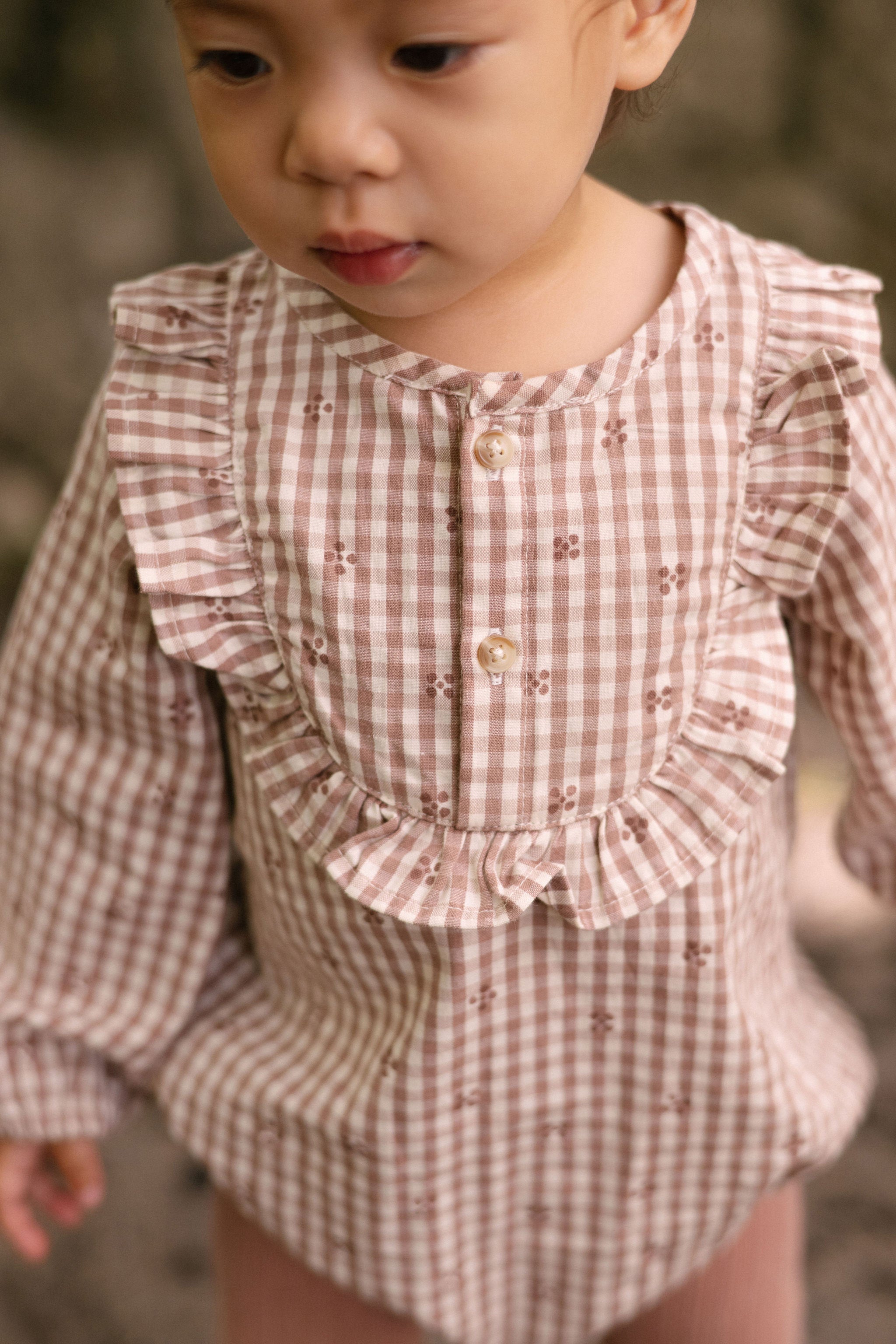 Printed Gingham Long Sleeve Ruffle One-Piece - Thistle Clover- Front- Up Close