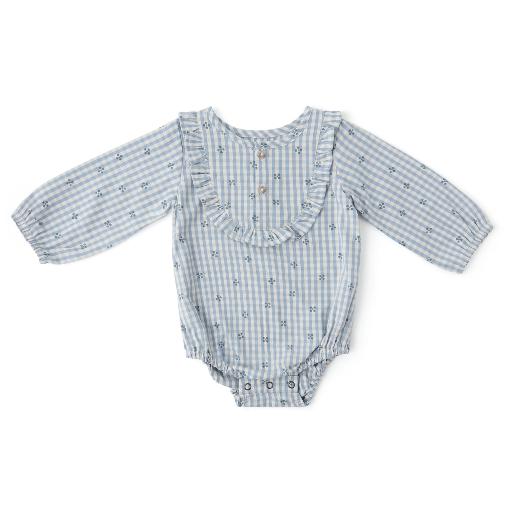 Printed Gingham Long Sleeve Ruffle One-Piece - Harbor Clover- Front