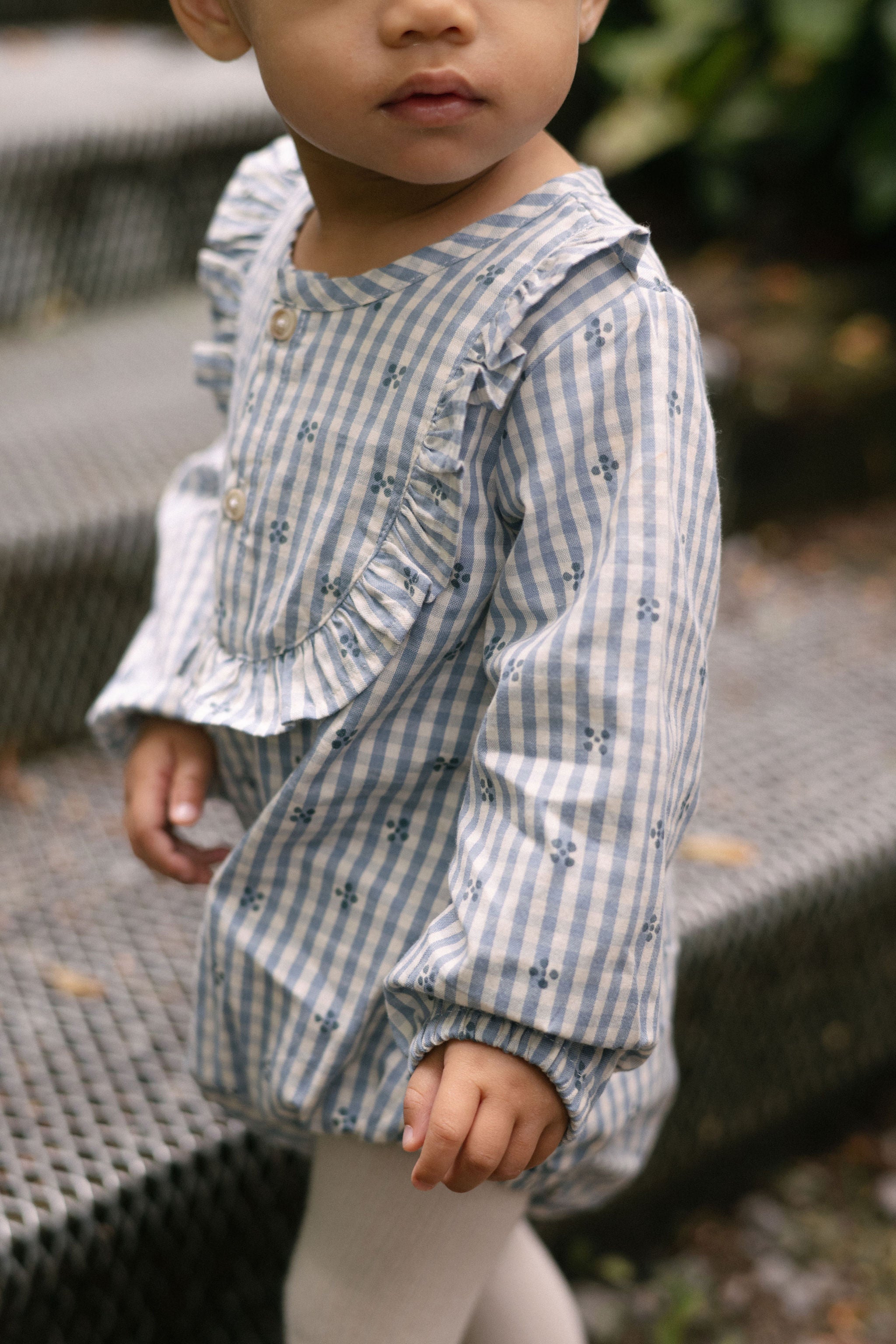 Printed Gingham Long Sleeve Ruffle One-Piece - Harbor Clover- On Model- Side