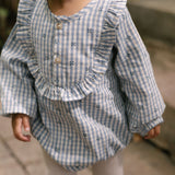 Printed Gingham Long Sleeve Ruffle One-Piece - Harbor Clover- On Model- Up Close