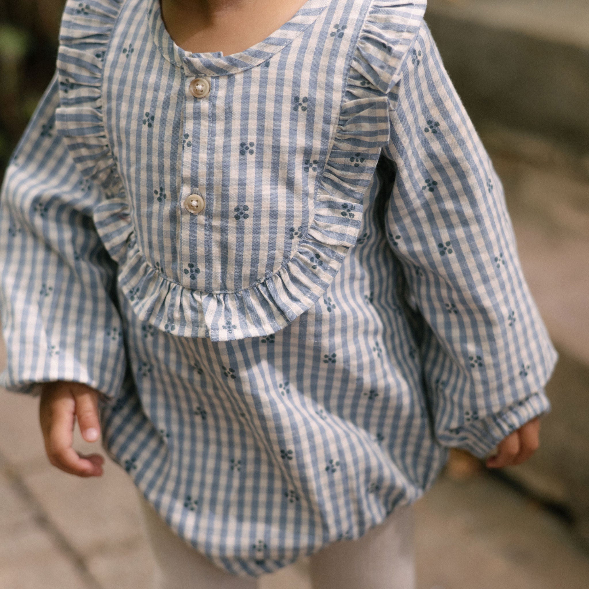 Printed Gingham Long Sleeve Ruffle One-Piece - Harbor Clover- On Model- Up Close