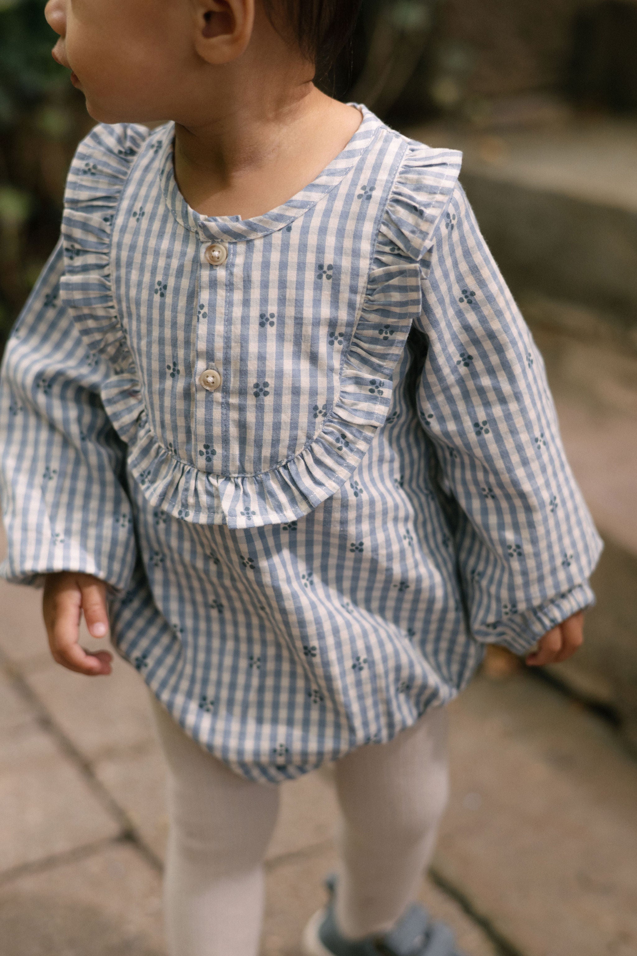 Printed Gingham Long Sleeve Ruffle One-Piece - Harbor Clover- On Model- Up Close