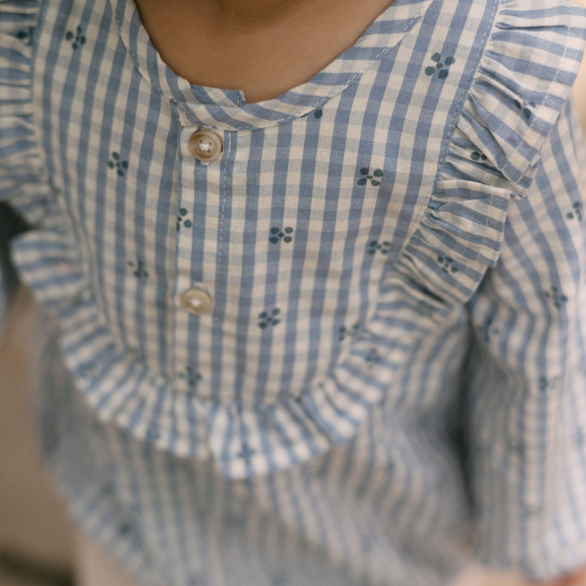 Printed Gingham Long Sleeve Ruffle One-Piece - Harbor Clover- On Model- Up Close Button Detail