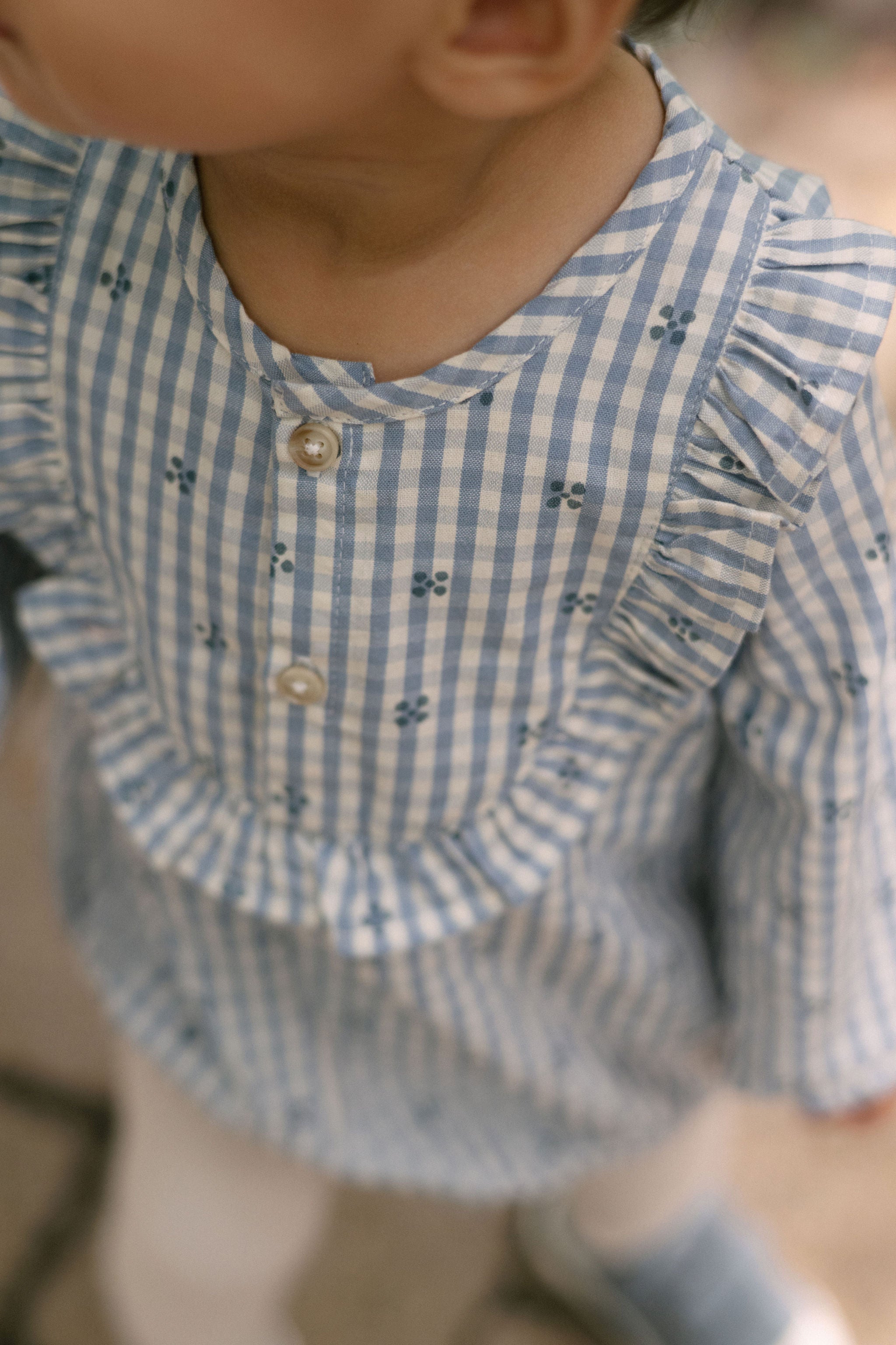 Printed Gingham Long Sleeve Ruffle One-Piece - Harbor Clover- On Model- Up Close Button Detail