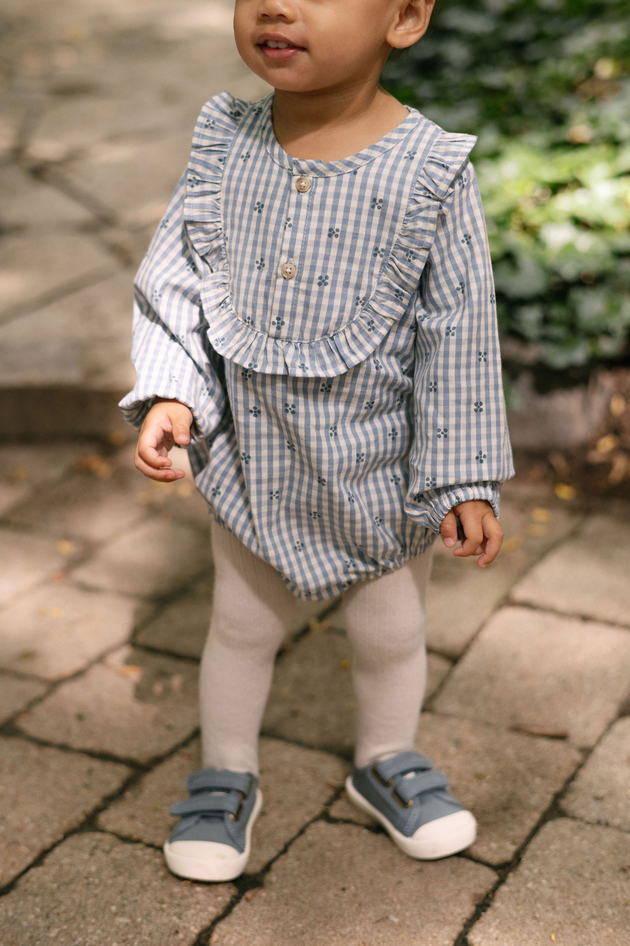 Printed Gingham Long Sleeve Ruffle One-Piece - Harbor Clover- On Model