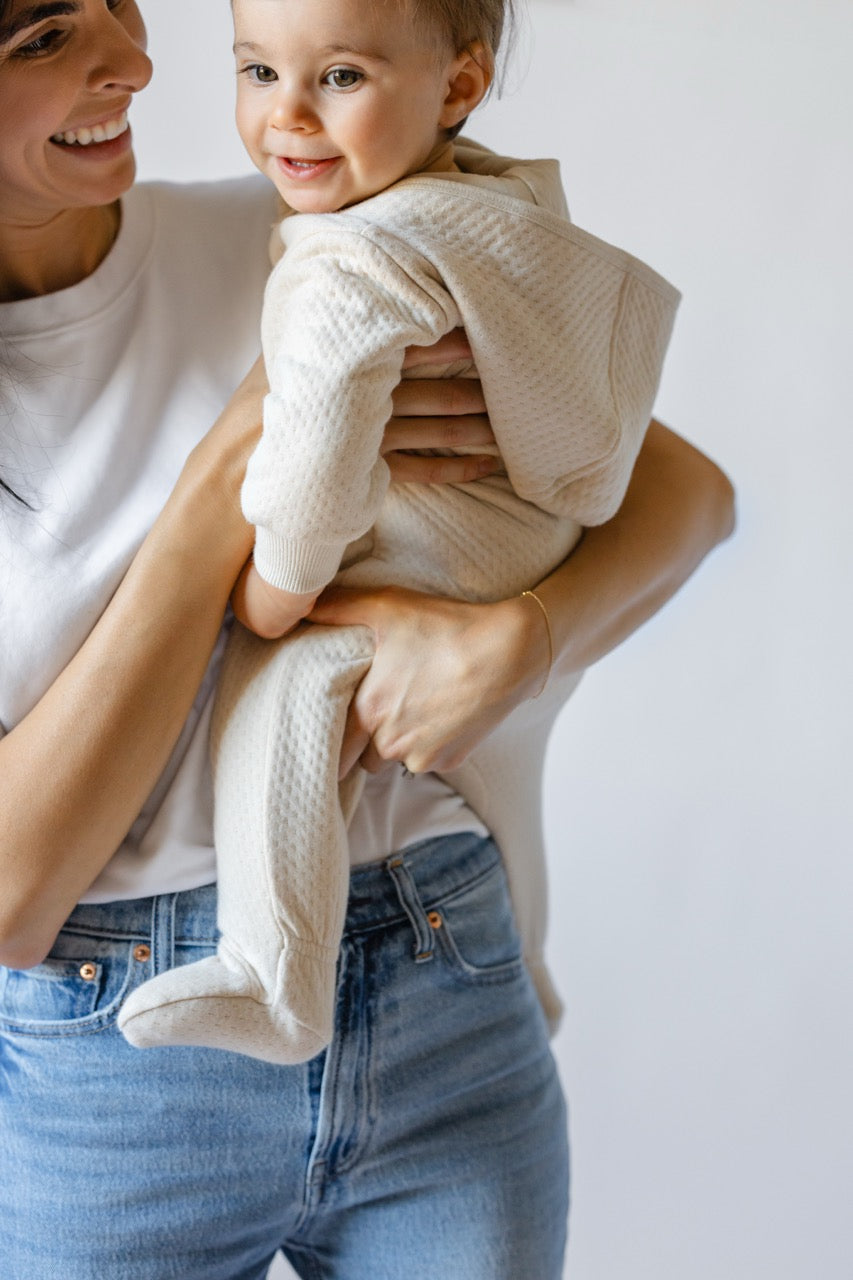 Cloud Baby Suit - Natural- Mom Holding Baby- Footed- Hood