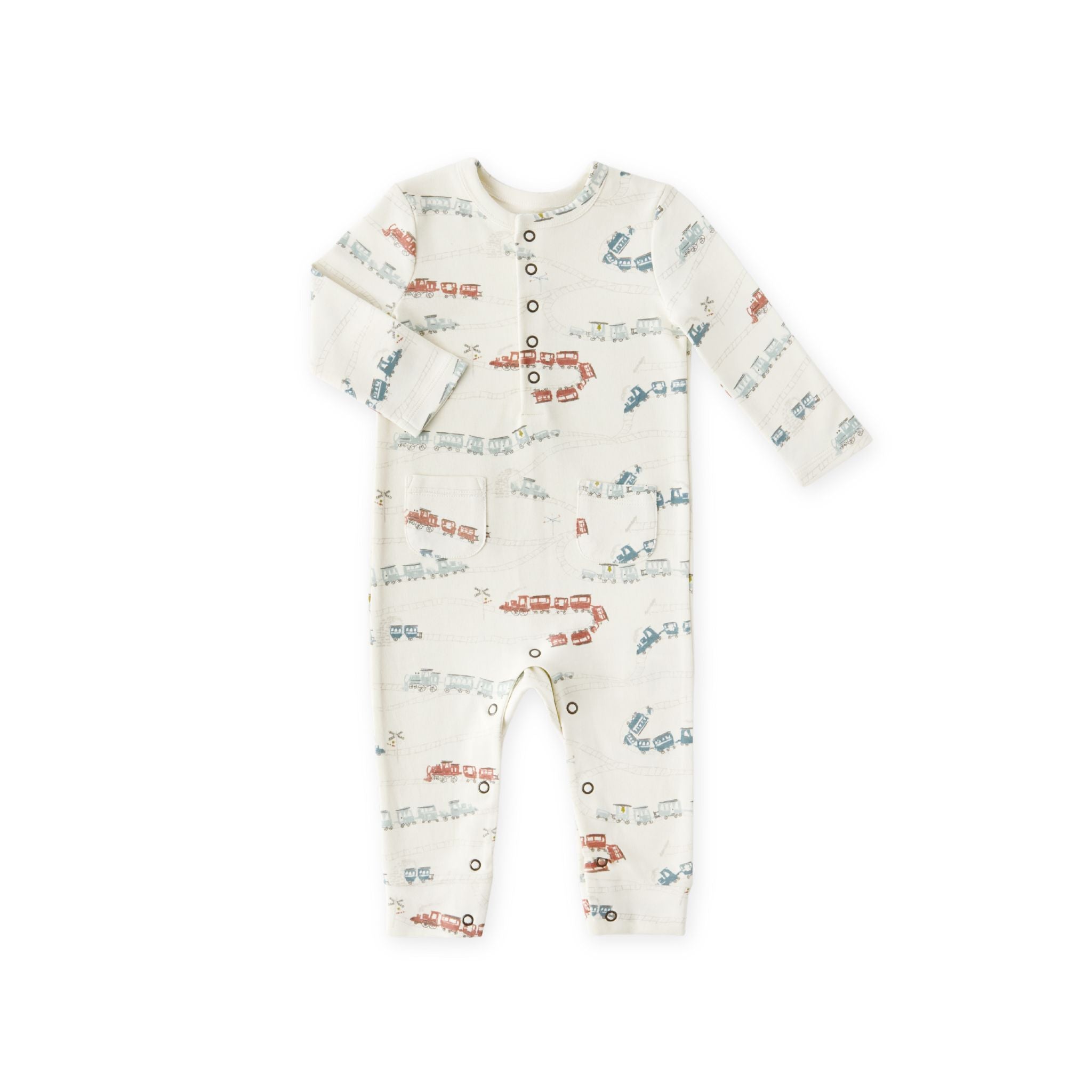 baby henley patch pocket romper locomotive in blues pattern