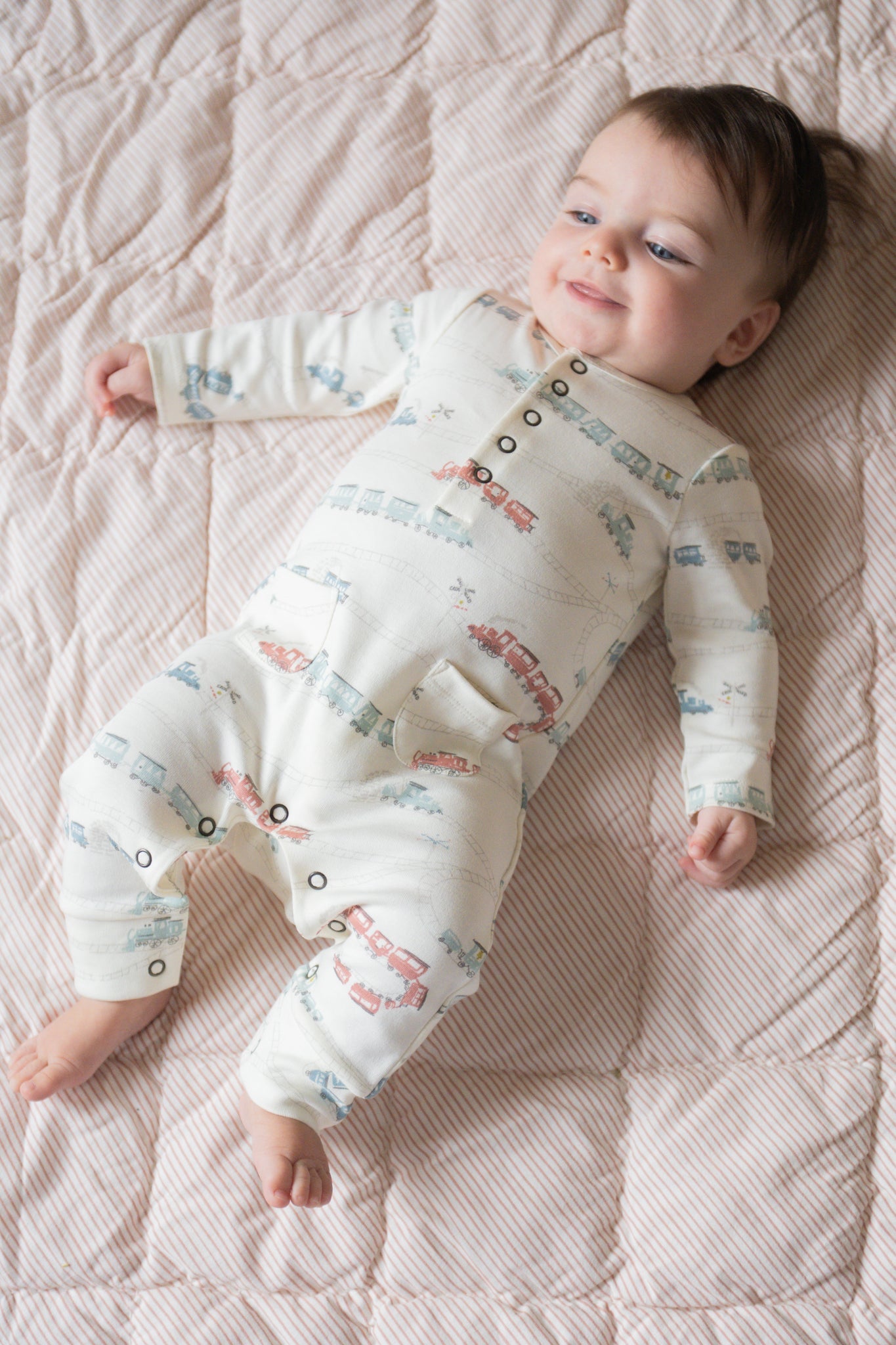 baby henley patch pocket romper locomotive