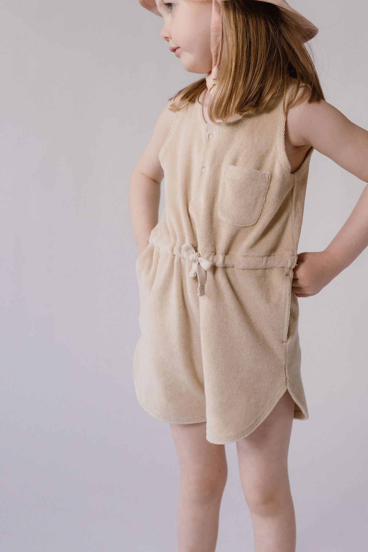 baby classic terry drawstring romper sand