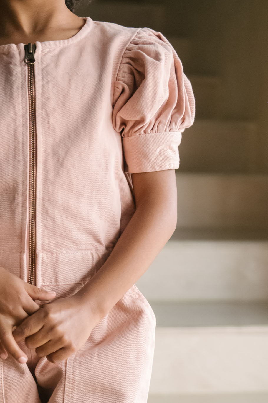 Vintage Twill Toddler Puff Sleeve Jumpsuit - Peony