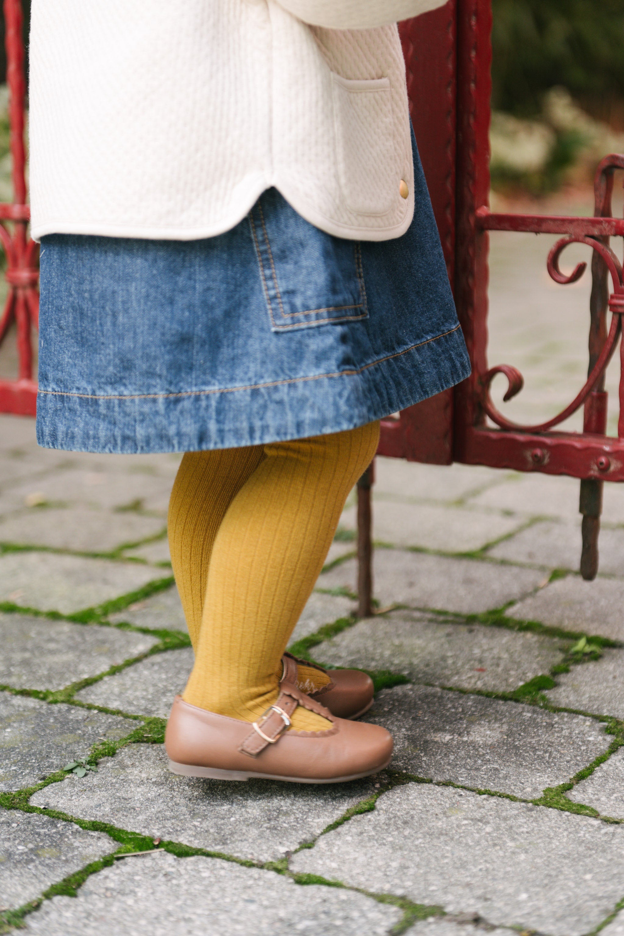 Ribbed Tights with Grips - Ochre