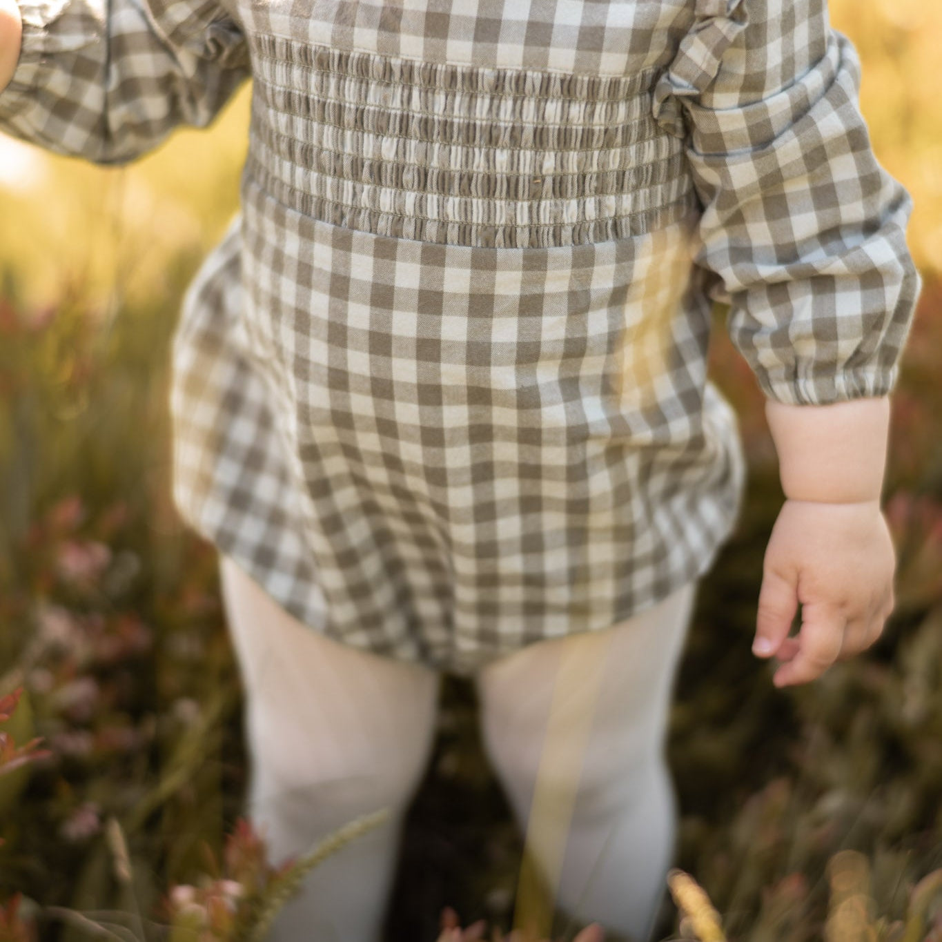 flannel long sleeve smocked one piece sage/light sage