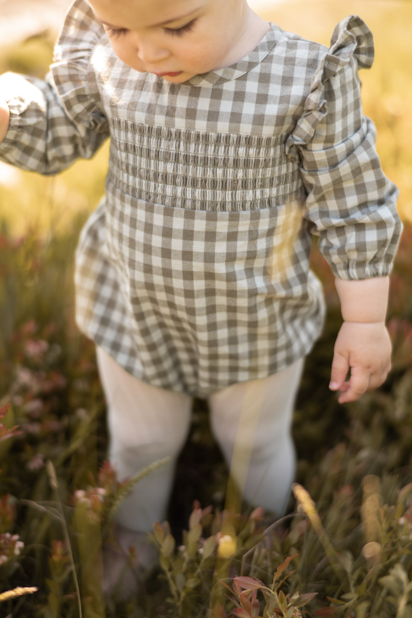 Flannel Long Sleeve Smocked One-Piece - Sage/Light Sage