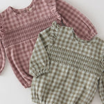 Flannel Long Sleeve Smocked One-Piece - Sage/Light Sage