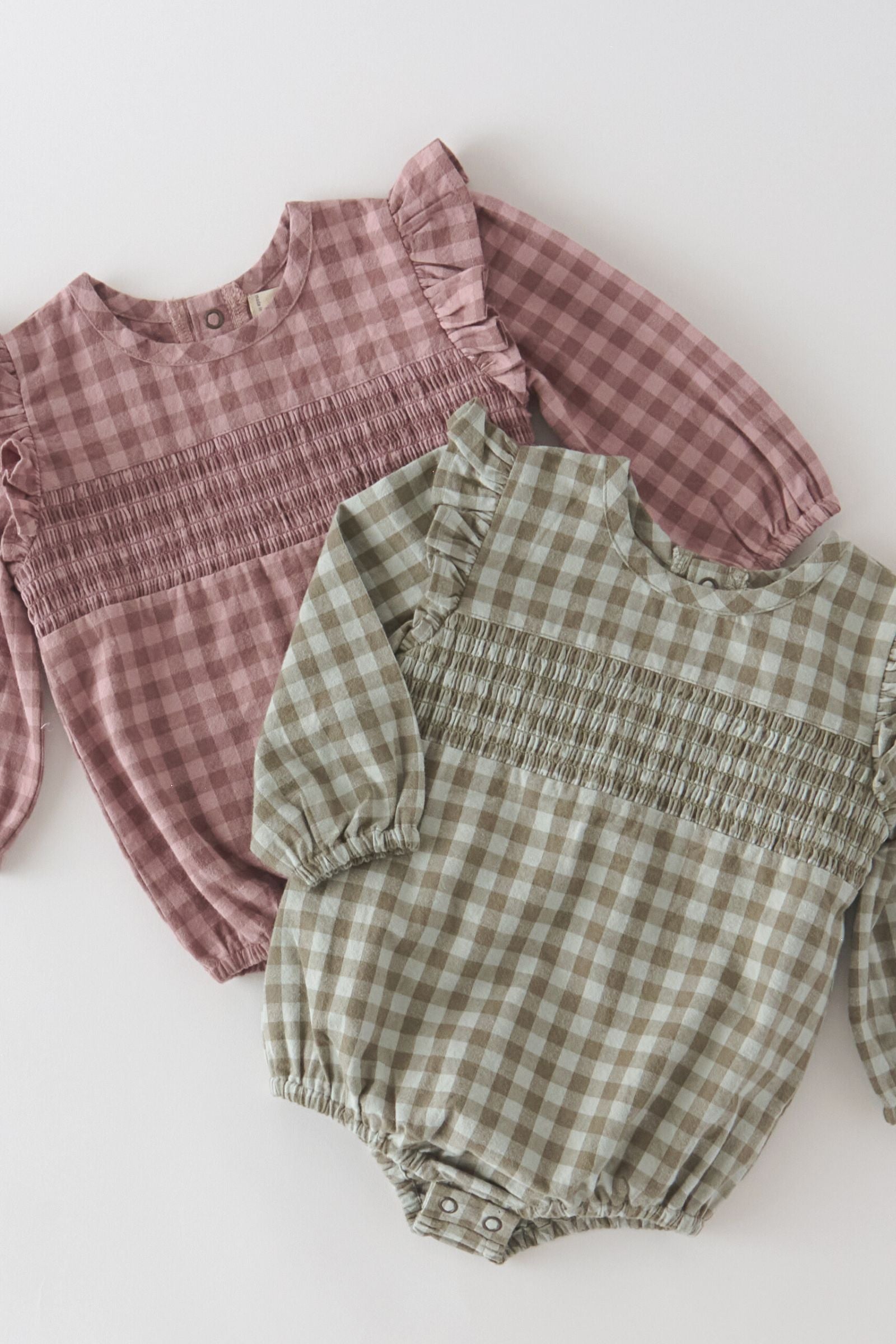 Flannel Long Sleeve Smocked One-Piece - Sage/Light Sage