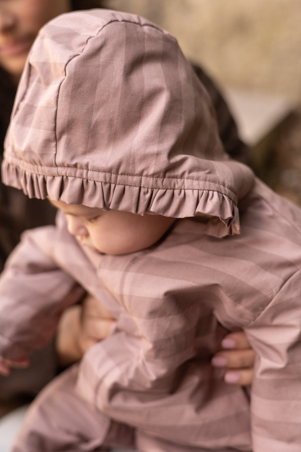 sherpa lined storm suit with ruffles thistle stripe
