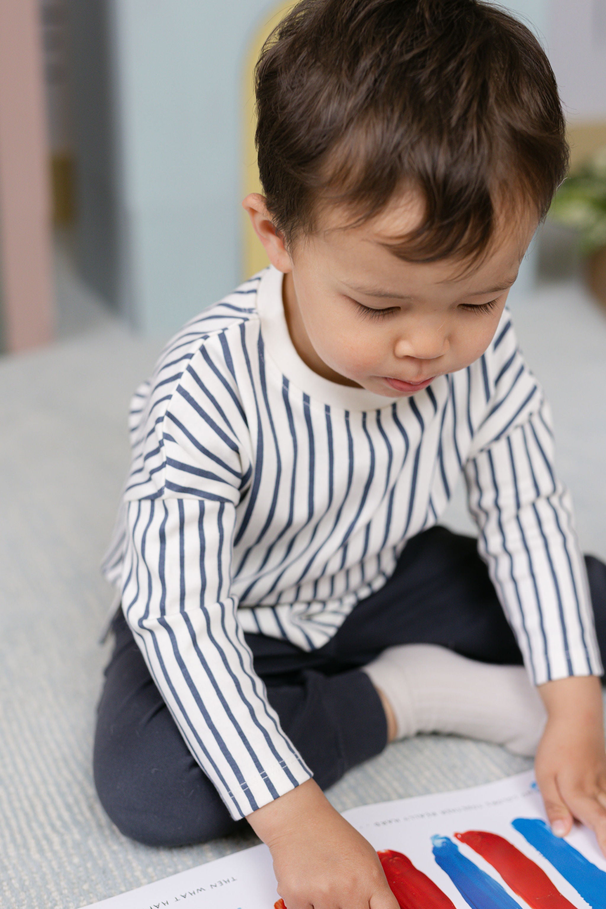 Dropped Shoulder Long Sleeve Top - Stripes Away Ink Blue