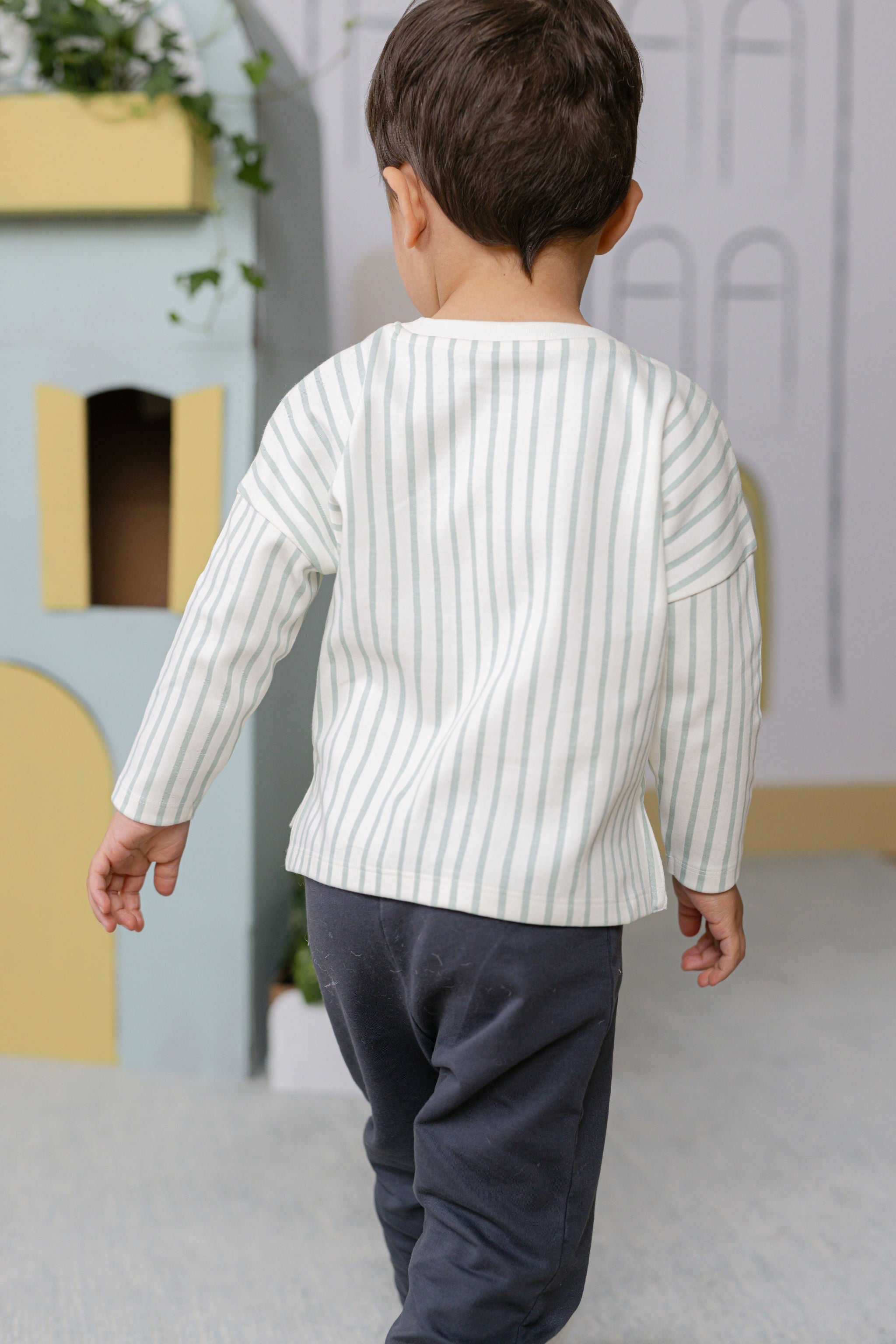 Dropped Shoulder Long Sleeve Top - Stripes Away Sea