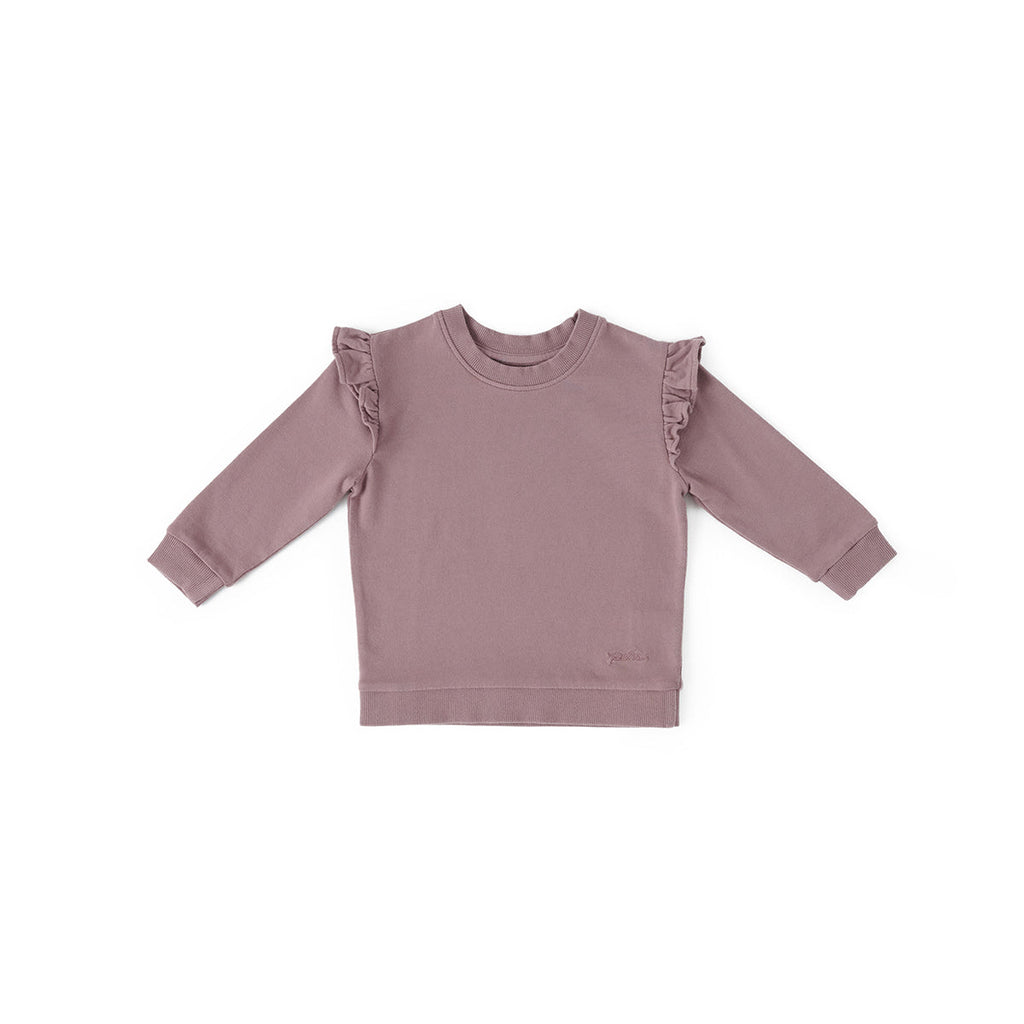 kids french terry kids ruffle sweatshirt plum in purples pattern