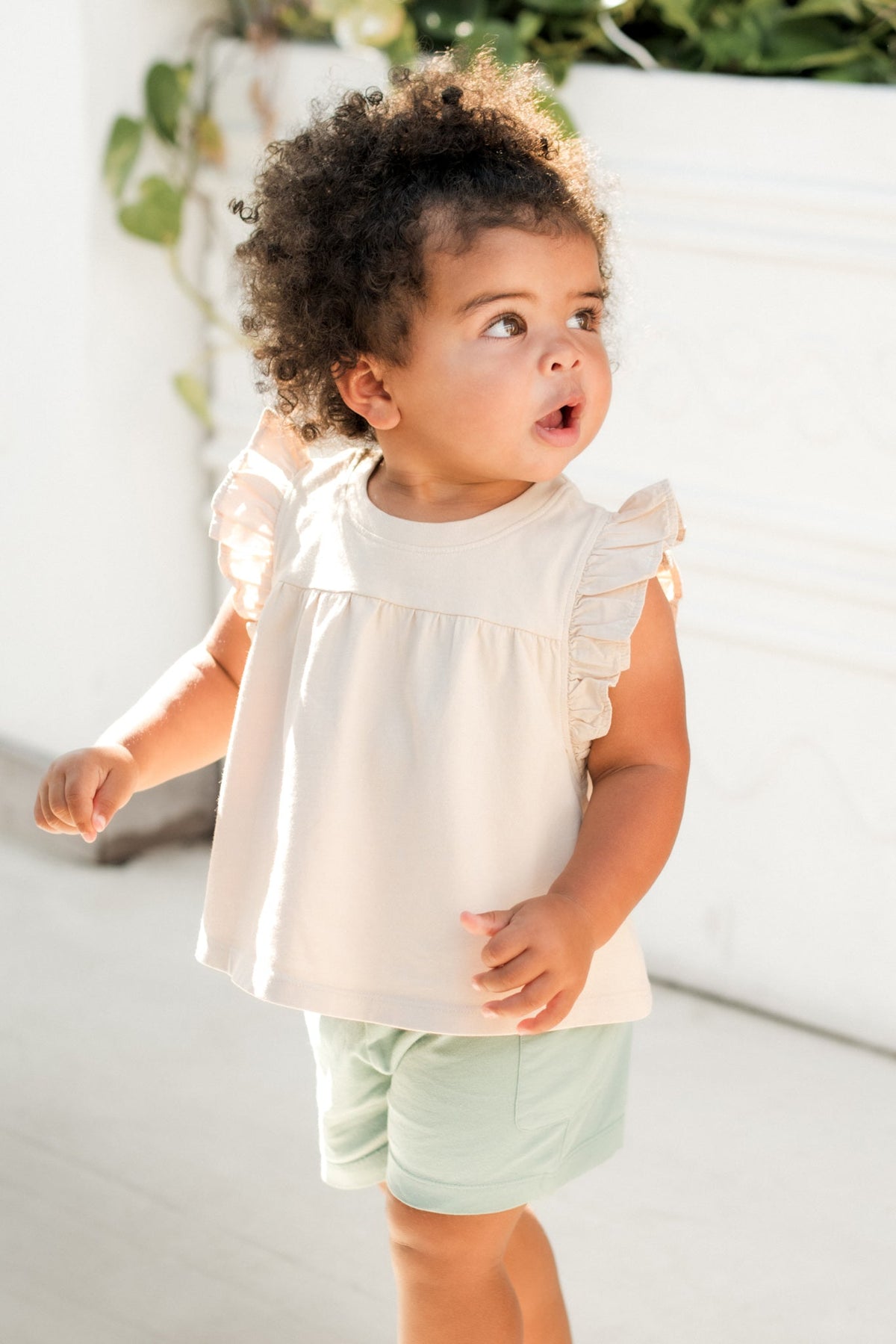 garment dye ruffle t shirt sand
