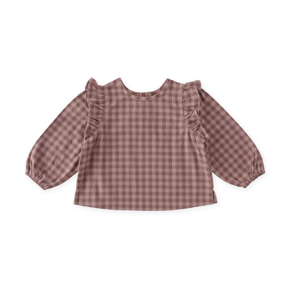 kids flannel ruffle top thistle/light thistle in pinks pattern
