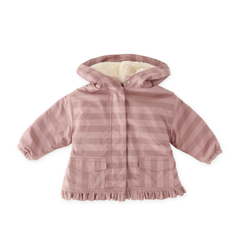kids sherpa lined storm jacket with ruffles thistle stripe in pinks pattern